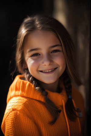 Portrait of a smiling little girl in an orange sweater on a dark backgroundの素材