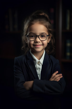 Portrait of a cute little girl in glasses and a business suit.の素材