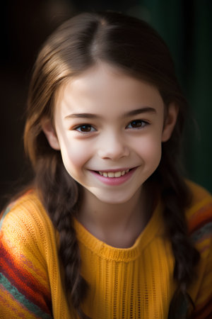 Portrait of a cute little girl with long braids in a warm sweater.の素材