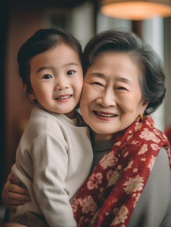 Asian grandmother and granddaughter hugging in the living room at home. Happy family concept.の素材