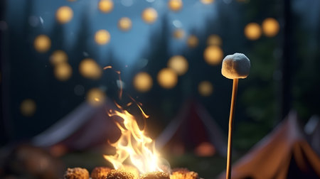 White marshmallow on a stick in front of a campfire.の素材