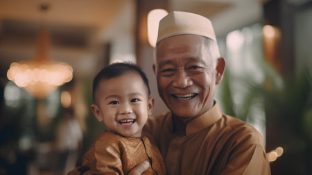 Portrait of happy asian senior man and his little grandson at homeの素材
