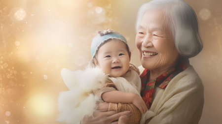 Asian senior woman and little girl playing with soft bokeh backgroundの素材