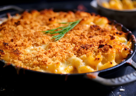 Potato casserole with cheese in a frying pan on a black backgroundの素材