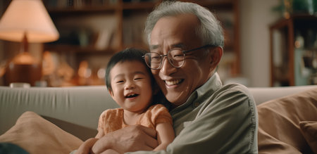 Happy asian grandfather and granddaughter playing together at home. Grandfather and grandchild concept.の素材