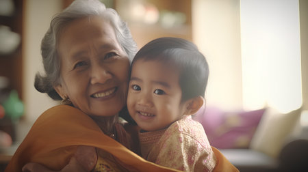Portrait of happy Asian senior woman and her grandchild at homeの素材