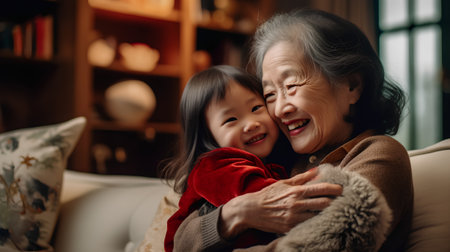 Asian grandmother and granddaughter sitting on sofa in living room at home.の素材