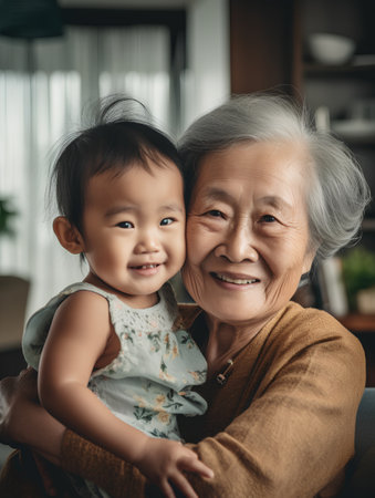 Portrait of Asian senior woman sitting on sofa with her little granddaughter at home.の素材