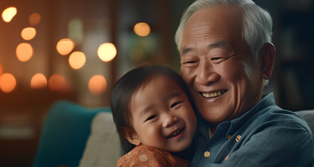 Happy asian grandpa and grandchild together at home. Asian family concept.の素材