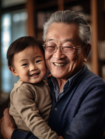 Portrait of an Asian grandfather with his grandson in the library.の素材