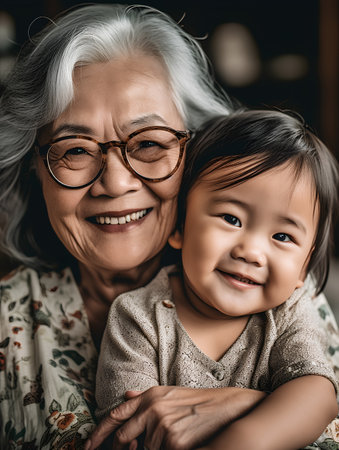 Portrait of happy asian grandmother and her granddaughter at home.の素材