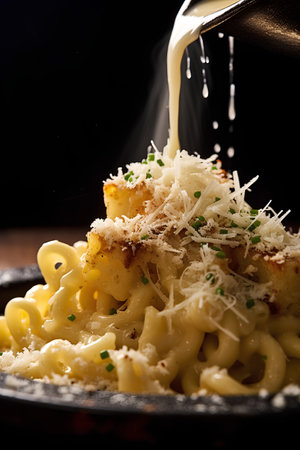 Pasta with cheese and parmesan on a black background.の素材