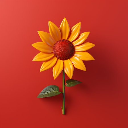 Sunflower on a red background. 3d rendering, 3d illustration.の素材