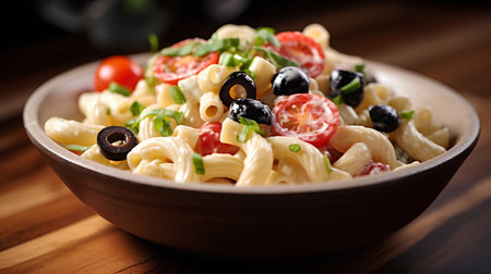 Pasta salad with olives, tomatoes and cheese in bowl on wooden tableの素材