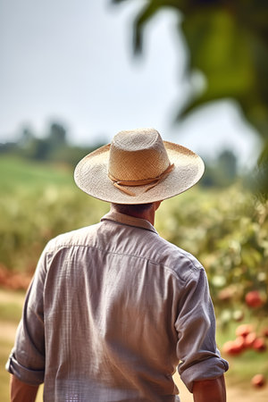 Rear view of a farmer in a straw hat looking at the fruit gardenの素材