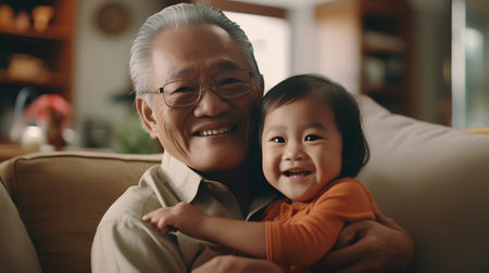 Portrait of asian senior man and his granddaughter sitting on sofa at homeの素材