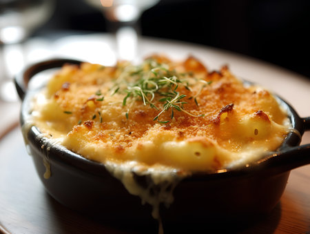 Baked macaroni and cheese with dill in a ceramic bowlの素材