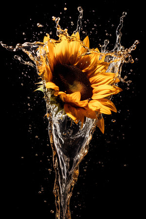 Sunflower in water splash, isolated on black background. 3d renderingの素材