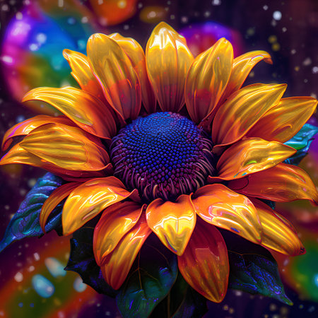 Sunflower on abstract colorful background. 3D illustration. Nature.の素材