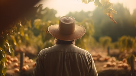 Farmer in the field at sunset. Back view of a farmer in a hat with a hat.の素材