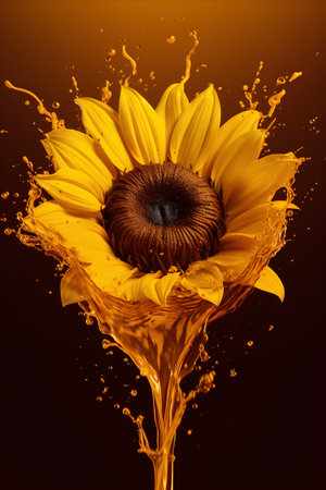 Sunflower with water splash isolated on black background. 3d renderingの素材