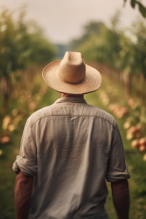 Rear view of a senior man in a straw hat standing in an orchardの素材