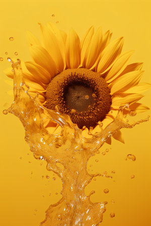 Sunflower and water splash isolated on yellow background. 3d illustrationの素材