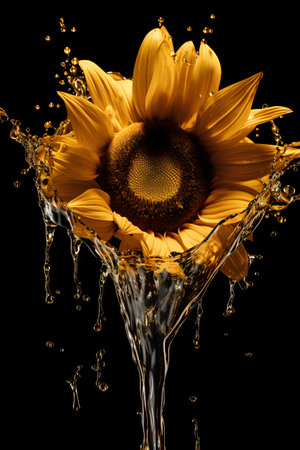 Sunflower with water splash isolated on black background. 3d renderingの素材