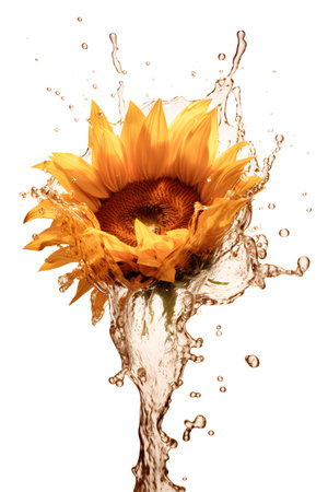 Sunflower with water splash isolated on white background. 3d illustrationの素材