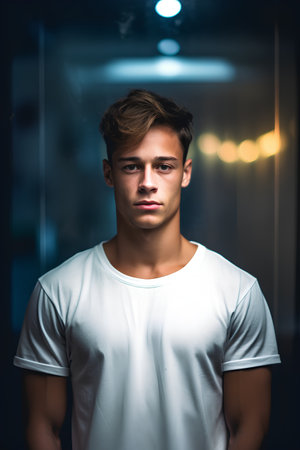 Portrait of a handsome young man in a white t-shirtの素材