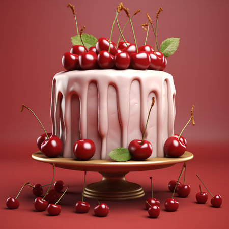 Cake with cherries on a red background. 3d renderingの素材