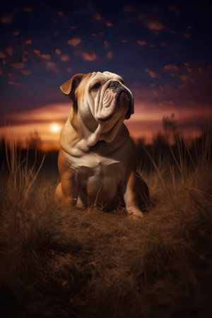 english bulldog sitting in the grass looking at the camera at sunsetの素材