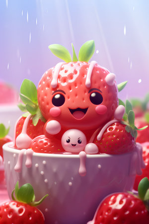 Cute strawberry character in a cup of ice cream. 3d renderingの素材