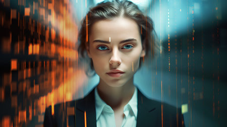 Portrait of a young woman in a business suit on the background of binary code.の素材