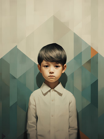 Portrait of a boy in a white shirt on a geometric backgroundの素材