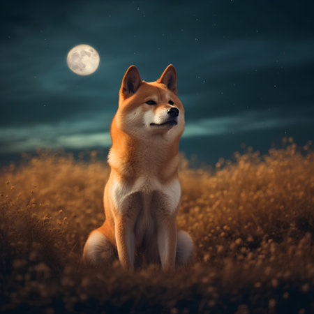 Shiba inu sitting in the field at night with full moonの素材