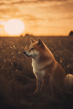Shiba inu dog sitting on the meadow at sunset.の素材