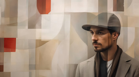 Portrait of a handsome man in a hat and coat on abstract backgroundの素材