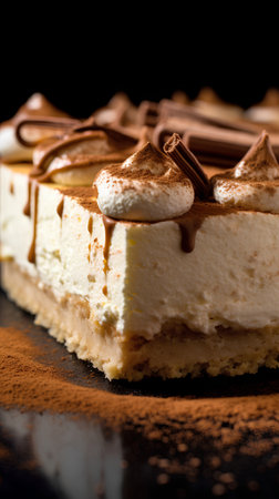 Cheesecake with whipped cream and cocoa powder on a black backgroundの素材