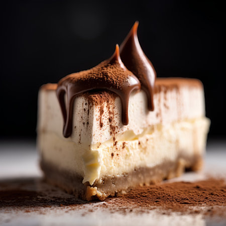 Piece of tiramisu cake with chocolate on a dark backgroundの素材