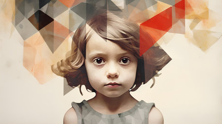 Little boy with abstract colorful geometric shapes. Photo in old color image styleの素材
