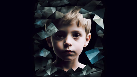 Portrait of a little boy on a dark background in polygonal styleの素材