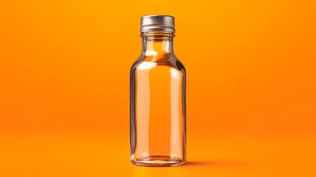Empty glass bottle mockup on orange background. 3d rendering.の素材