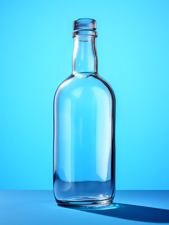 Empty glass bottle on blue background. 3d rendering. Square image.の素材