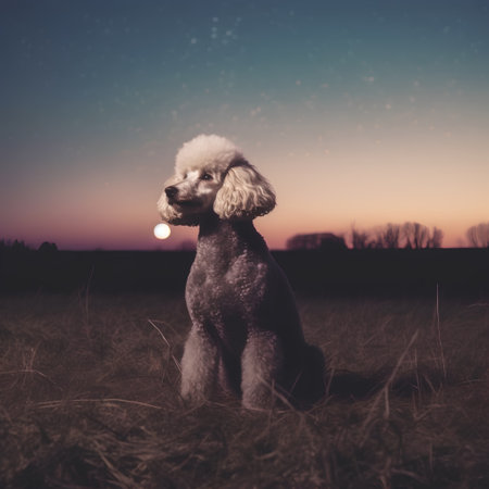 Poodle sitting on the grass at night with starry sky.の素材