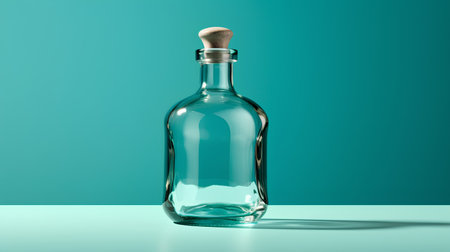 Empty glass bottle on green background with shadow. 3d render illustrationの素材