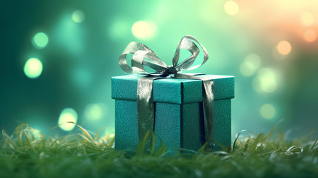 Gift box on grass with bokeh background. 3D renderingの素材