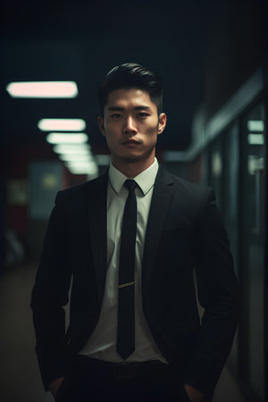 Portrait of handsome asian businessman in black suit and tie.の素材