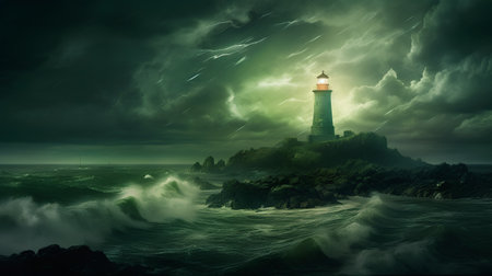 Lighthouse on stormy sea at night. 3D rendering.の素材