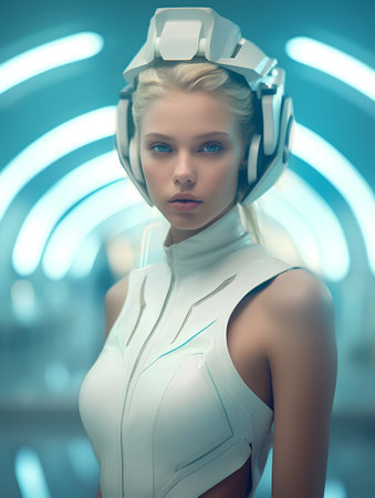 Portrait of a futuristic girl in a white suit. 3D rendering.の素材